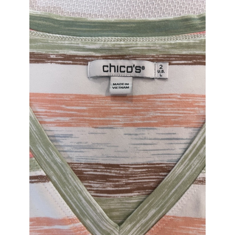 Chico's Striped V-Neck Tee Top (L) Coastal Beachy Cotton Stretch Casual Resort - Picture 6 of 9